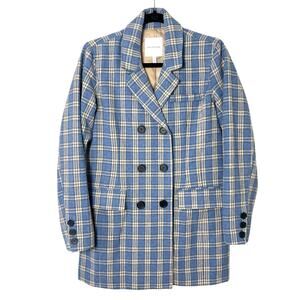Avec Les Filles Double-Breasted Wool Plaid Blazer Jacket Blue Size Small